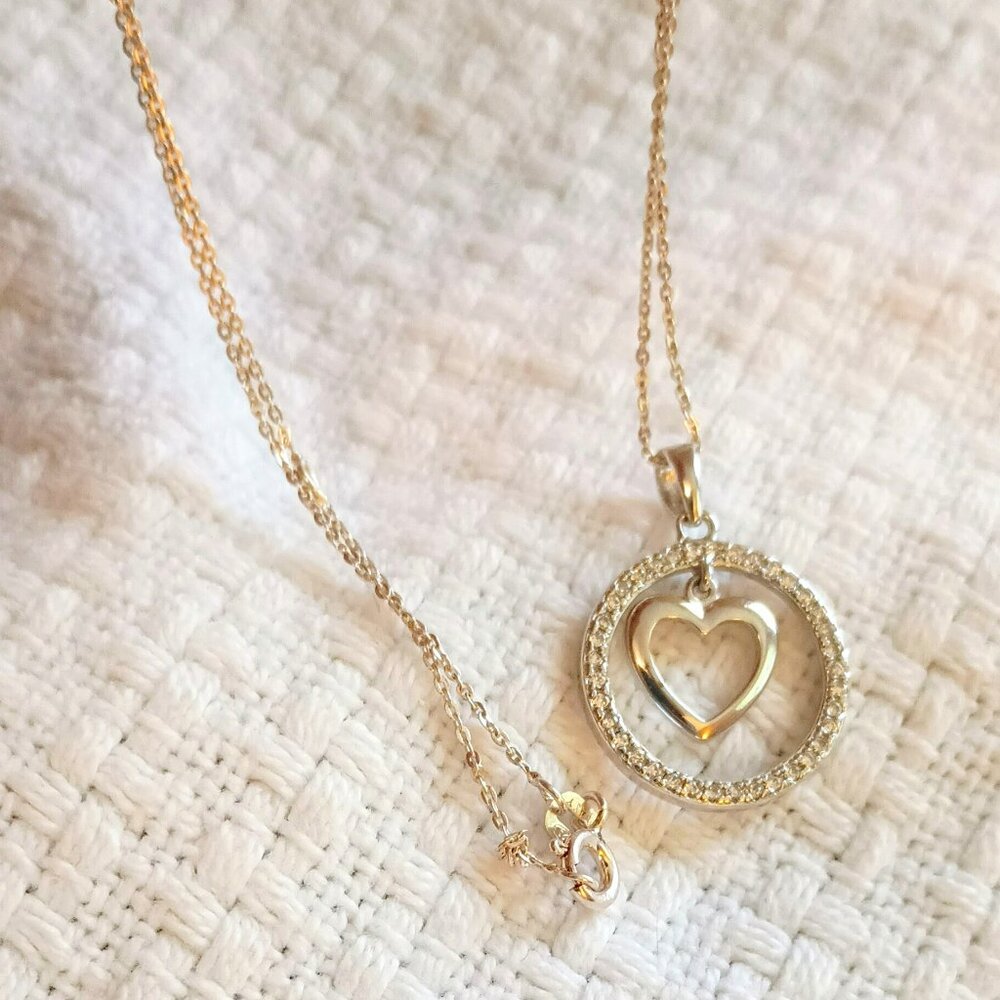 925 Floating Heart Pendant Necklace 18" Sterling Silver Circle Pave CZ Jewelry